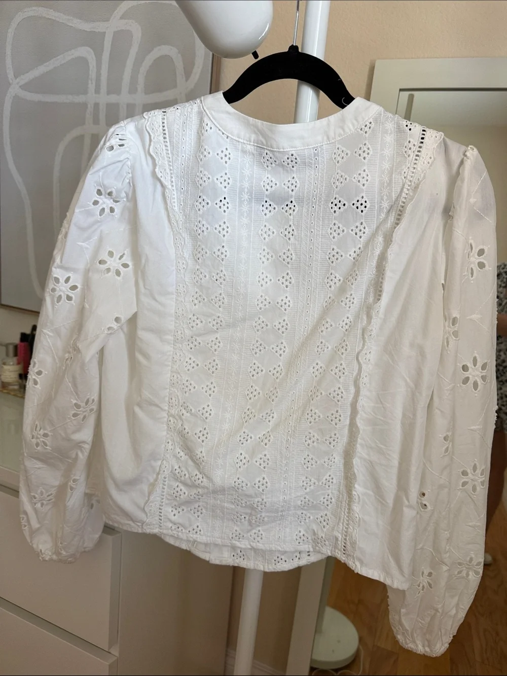 Zara White Eyelet Lace Panel Button-Up Blouse